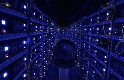Vast mining farm facility with rows of mining machines operating under controlled environments