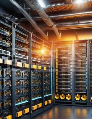 Vast mining farm showcasing rows of Bitcoin mining machines working diligently